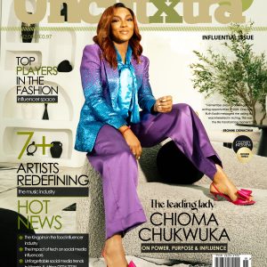UncutXtra Magazine cover showing Volume 19 featuring a stylish woman in a purple and teal outfit seated confidently, with headline ‘The Influential Edition