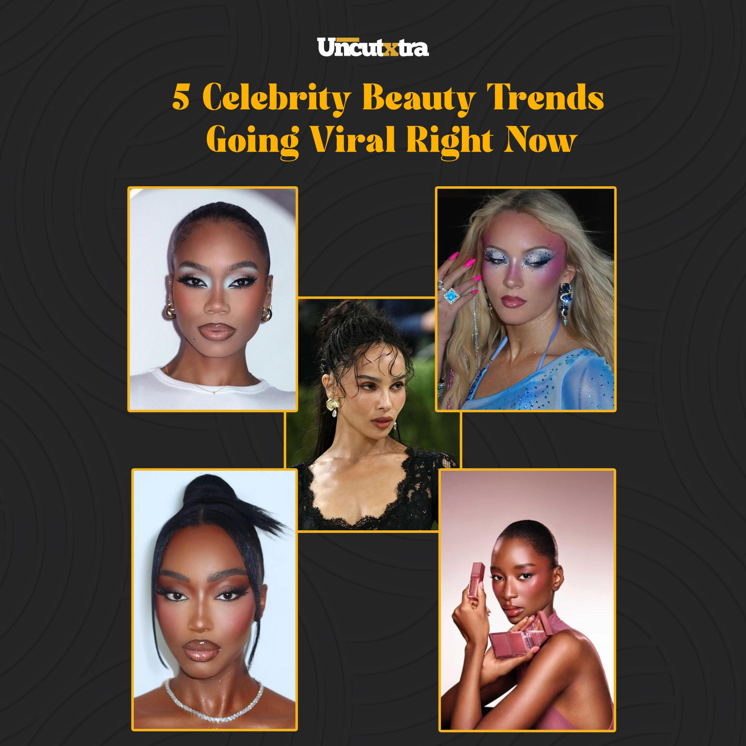 Celebrity beauty trends 2026 including blurred lips and icy blue eyeshadow