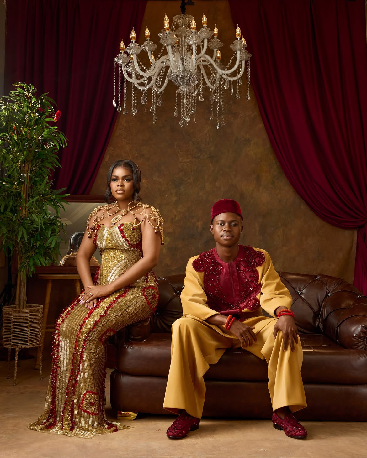 Jarvis and Peller's Gold and deep Crimson wedding outfit