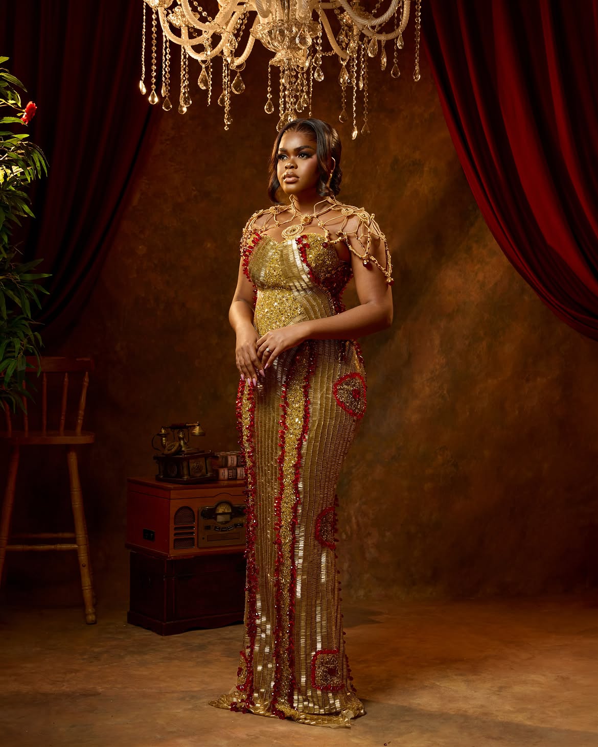 Jarvis and Peller's Gold and deep Crimson wedding outfit