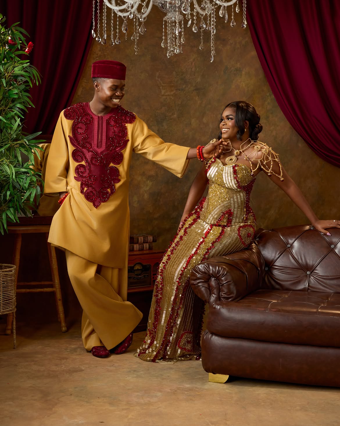 Jarvis and Peller's Gold and deep Crimson wedding outfit