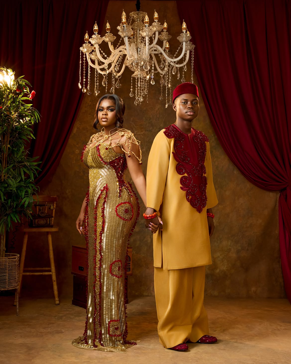 Jarvis and Peller's Gold and deep Crimson wedding outfit