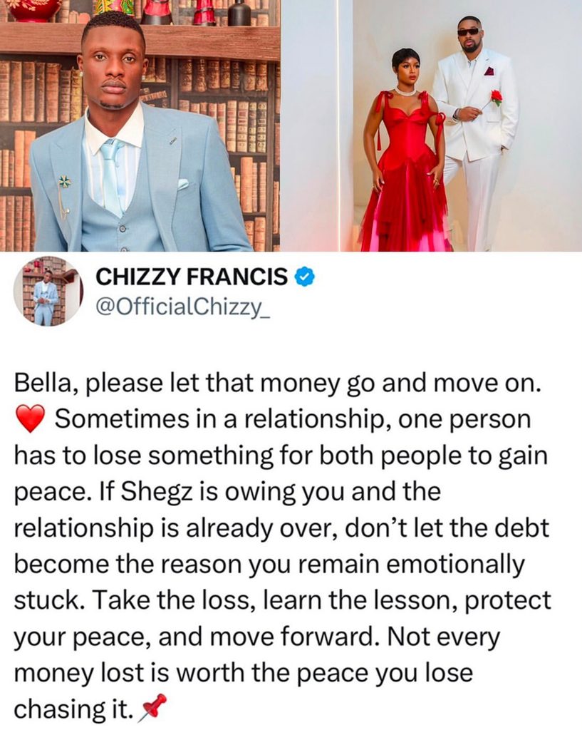 Chizzy's tweet telling Bella to let go of the 11 million naira Sheggz owes her.