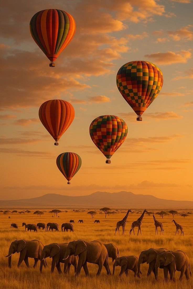 hot air balloon Serengeti sunrise, wildebeest migration Mara river crossing, safari balloon aerial view wildlife