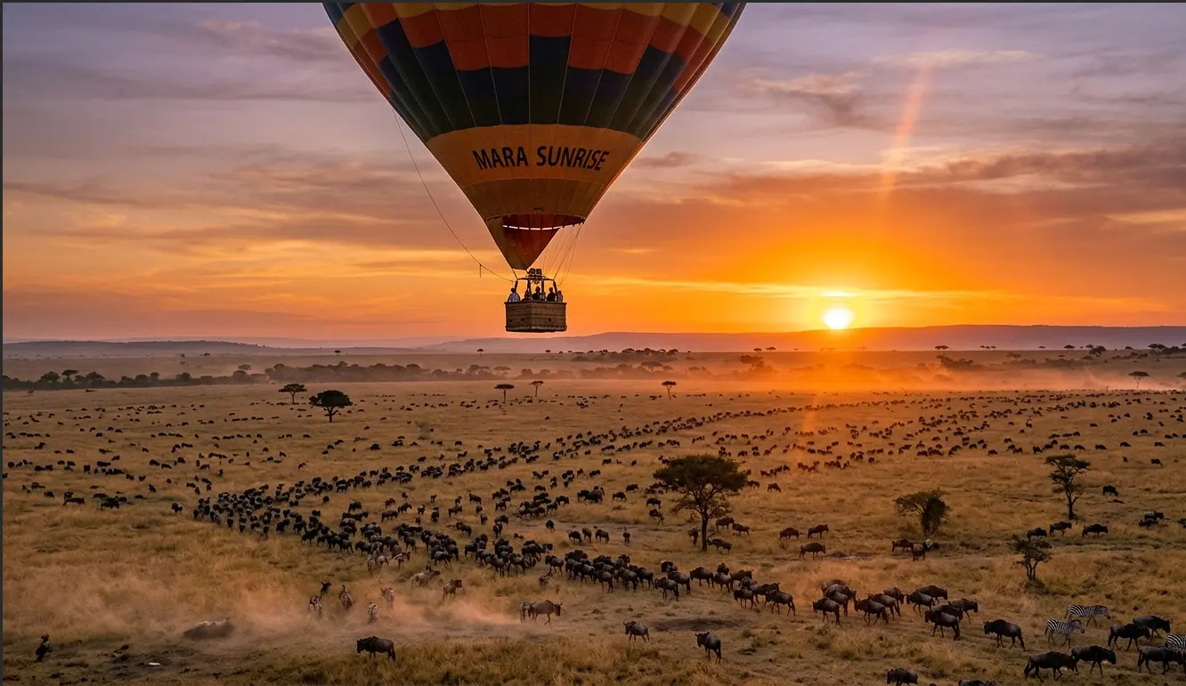 hot air balloon Serengeti sunrise, wildebeest migration Mara river crossing, safari balloon aerial view wildlife