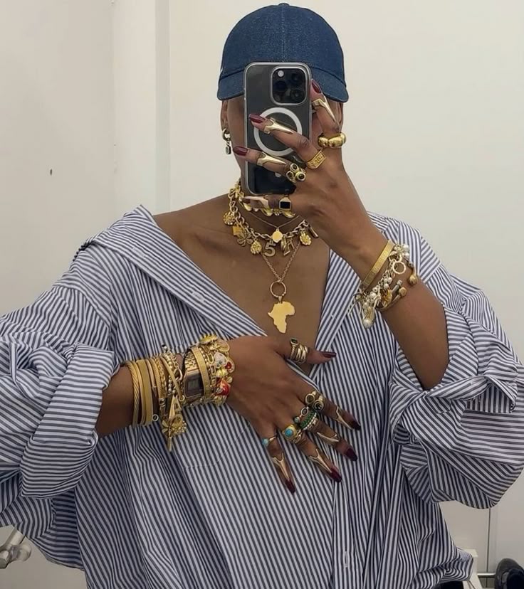 Woman wearing statement accessories with a stylish fashion outfit