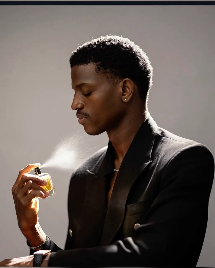Black man applying deodorant and perfume getting ready