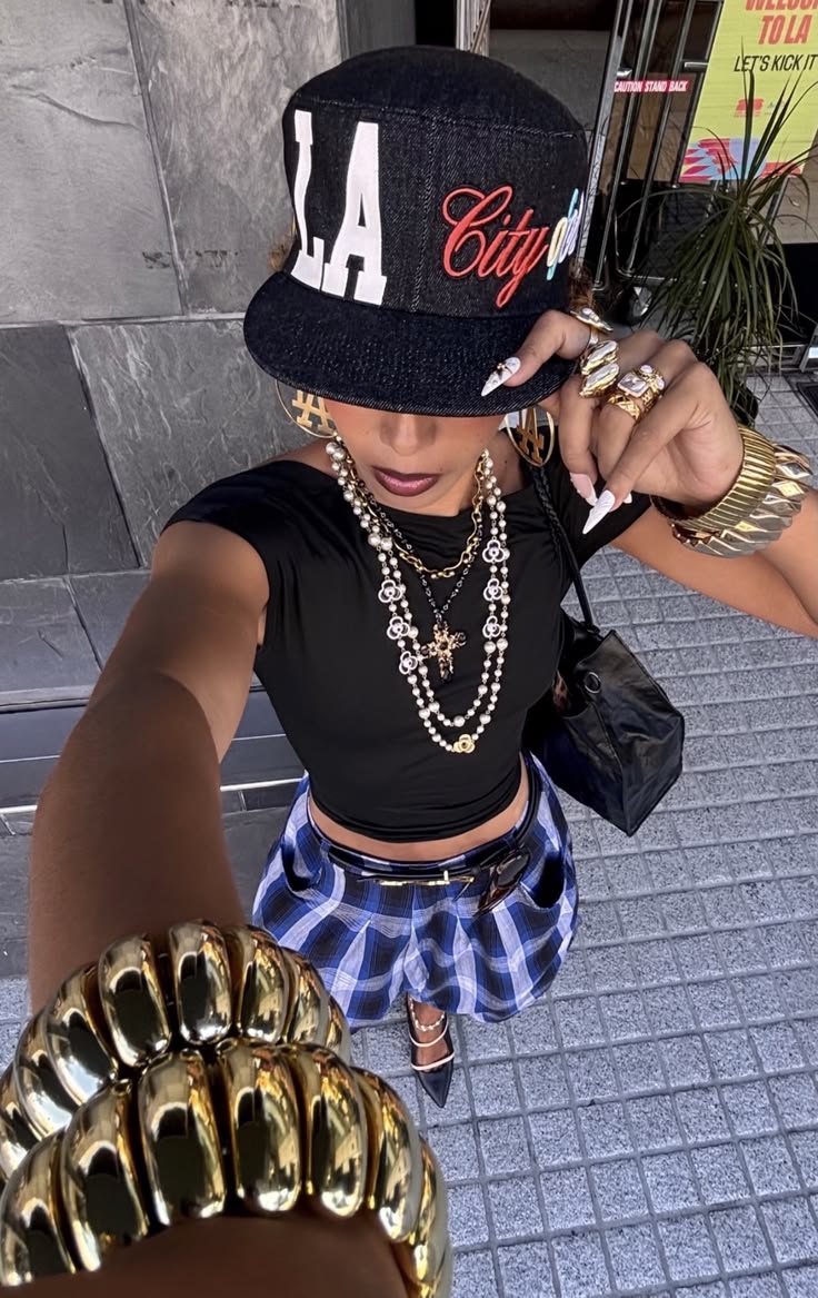 Woman wearing statement accessories with a stylish fashion outfit