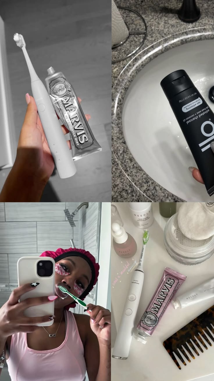 Black woman brushing teeth morning routine
